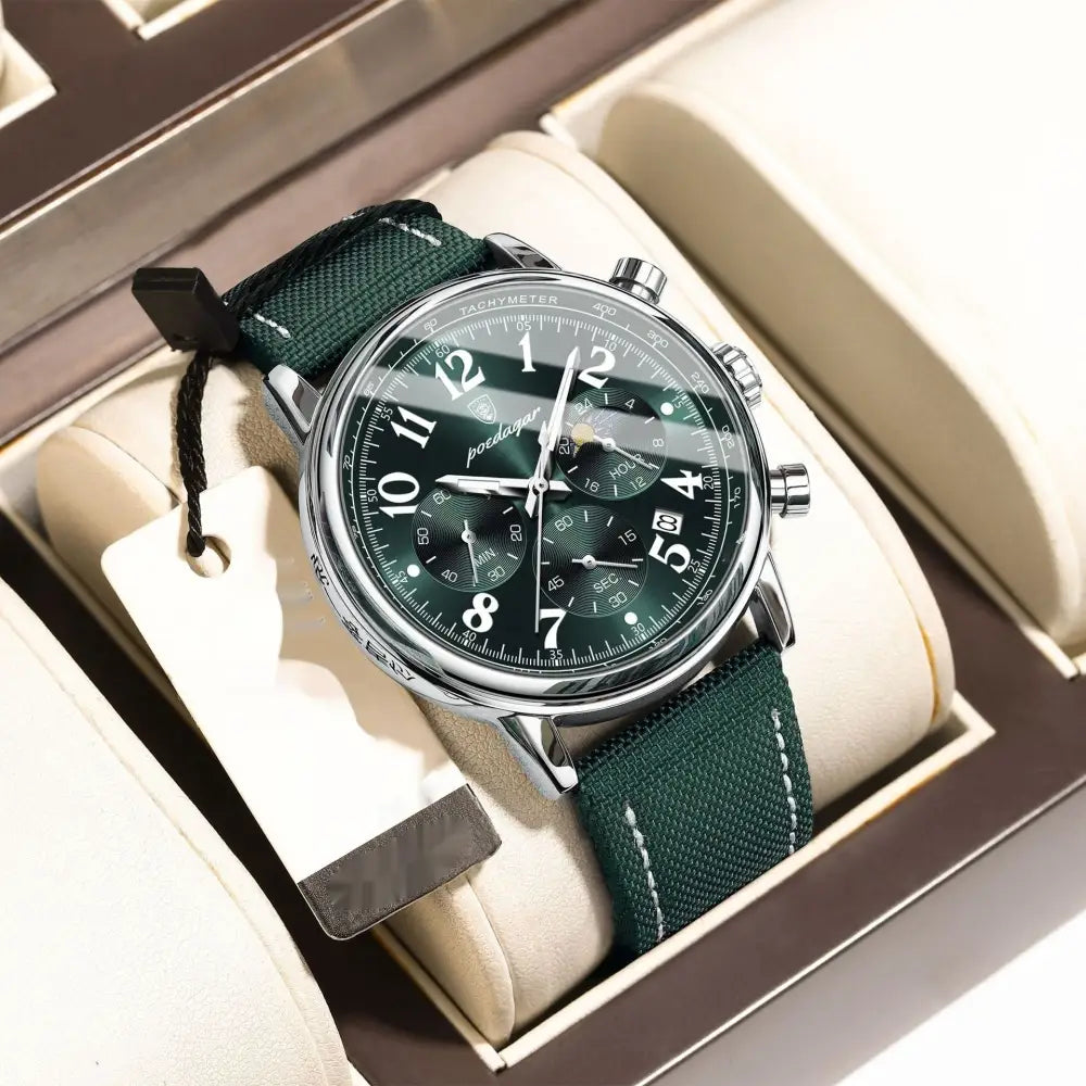 Multifunctional Luminous Quartz Men’s Watch - Silver Case Green Surface