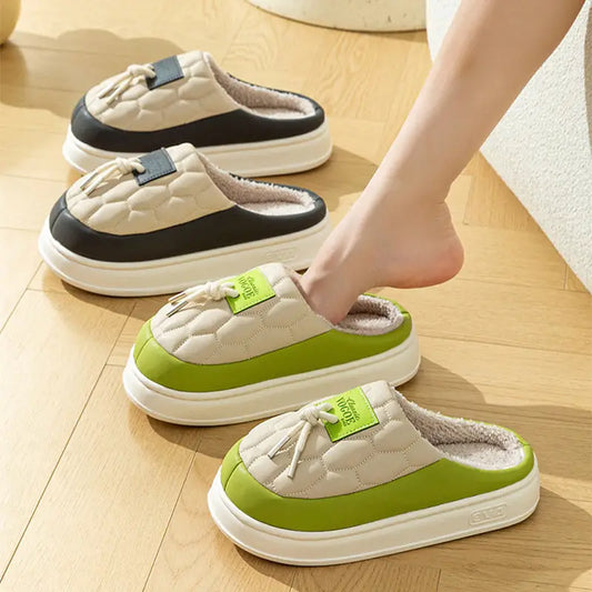 New Colorblock Plush Slippers Winter Warm Fleece Shoes House Indoor Waterproof Thick-soled Home Slipper For Women Men