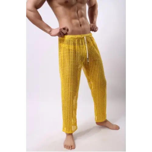 new fashion men sexy mesh trousers men casual hollow trousers - Yellow / S