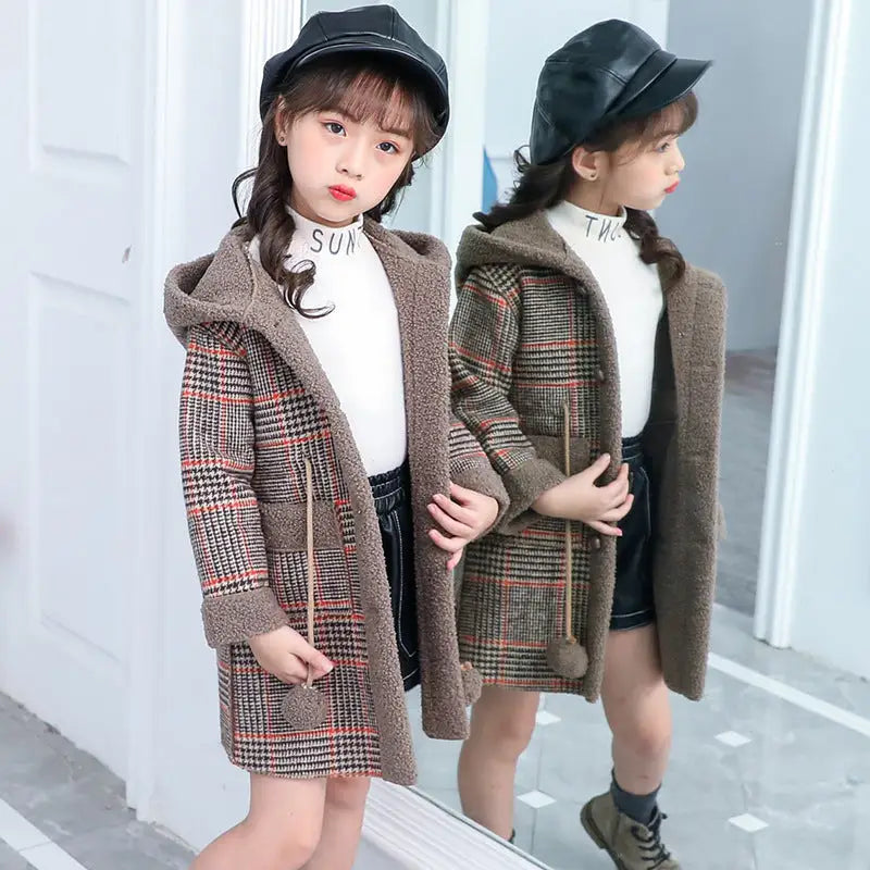 new foreign gas plus velvet jacket thick medium and large children Korean version of the coat woolen coat - Coffee