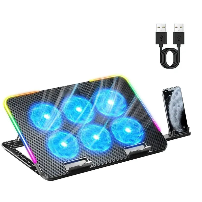 New Laptop Cooler Laptop Cooling Pad Notebook Gaming Cooler Stand with 6 LED Fan 2 USB Ports Phone Holder for 15.6in