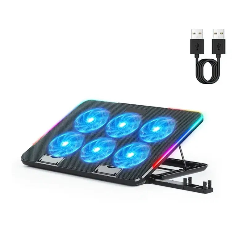 New Laptop Cooler Laptop Cooling Pad Notebook Gaming Cooler Stand with 6 LED Fan 2 USB Ports Phone Holder for 15.6in