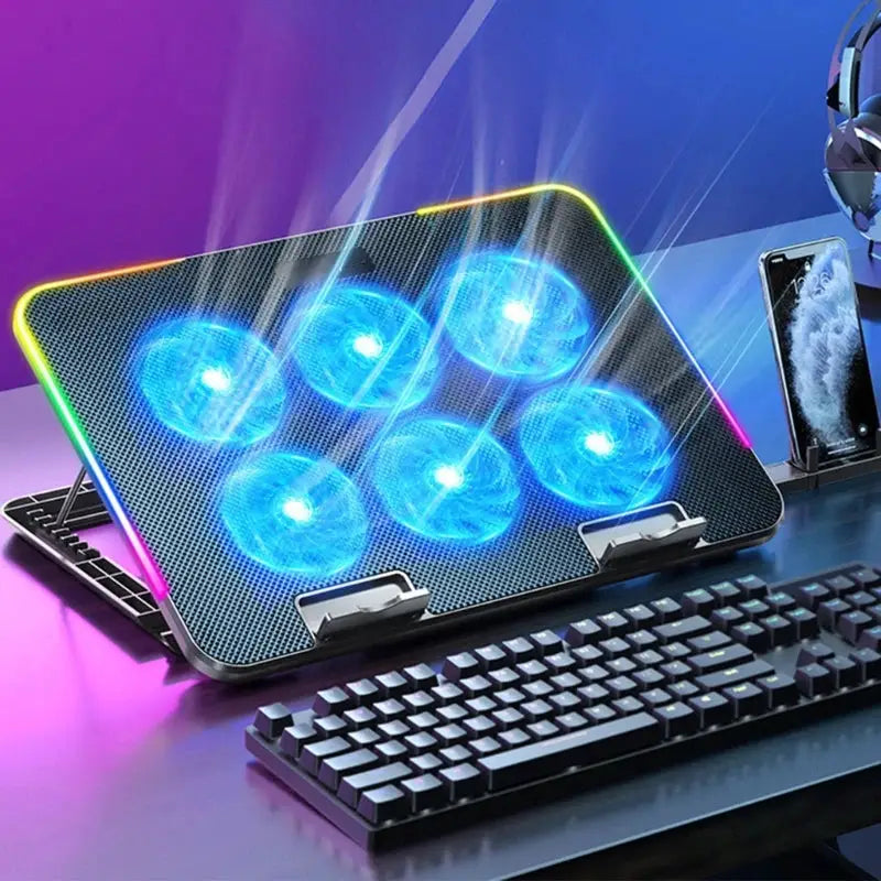 New Laptop Cooler Laptop Cooling Pad Notebook Gaming Cooler Stand with 6 LED Fan 2 USB Ports Phone Holder for 15.6in