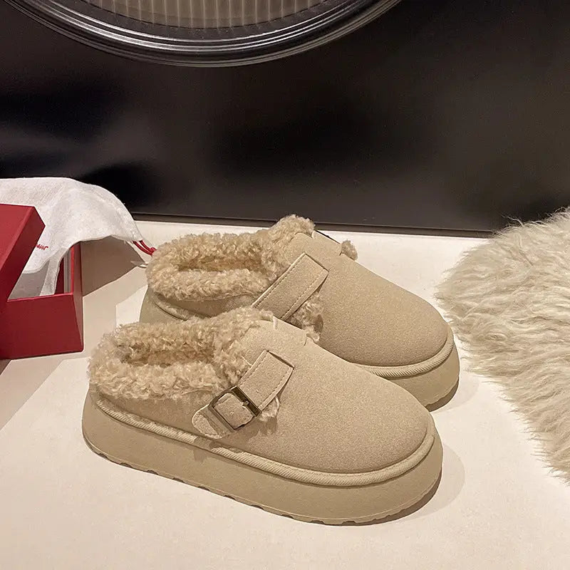 New Luxury Winter Women’s Shoes Plush Fashion Retro Bean Shoes Cotton Women’s Flat Sole Slippers Platform Women