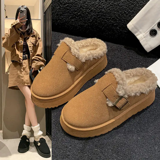 New Luxury Winter Women’s Shoes Plush Fashion Retro Bean Shoes Cotton Women’s Flat Sole Slippers Platform Women Boots