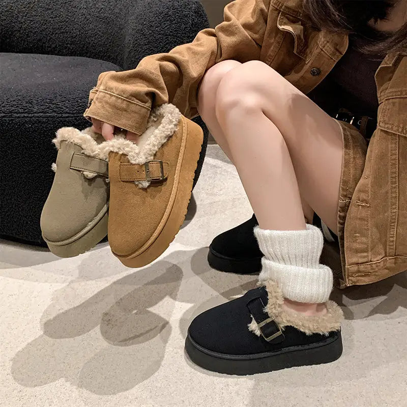 New Luxury Winter Women’s Shoes Plush Fashion Retro Bean Shoes Cotton Women’s Flat Sole Slippers Platform Women Boots