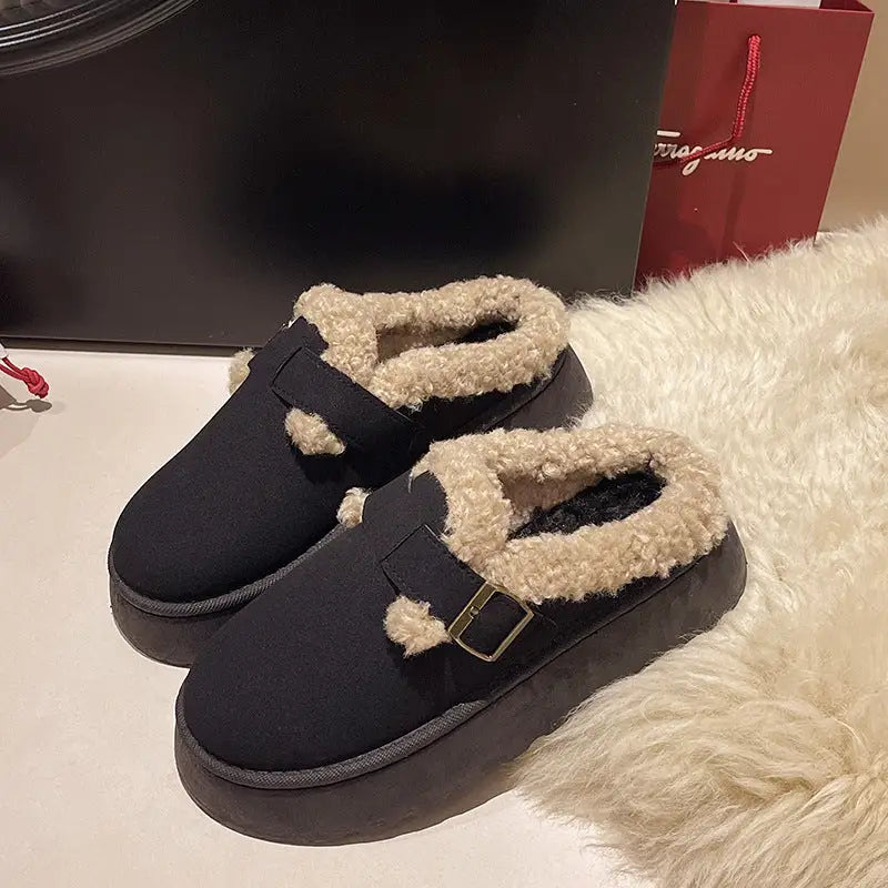 New Luxury Winter Women’s Shoes Plush Fashion Retro Bean Shoes Cotton Women’s Flat Sole Slippers Platform Women