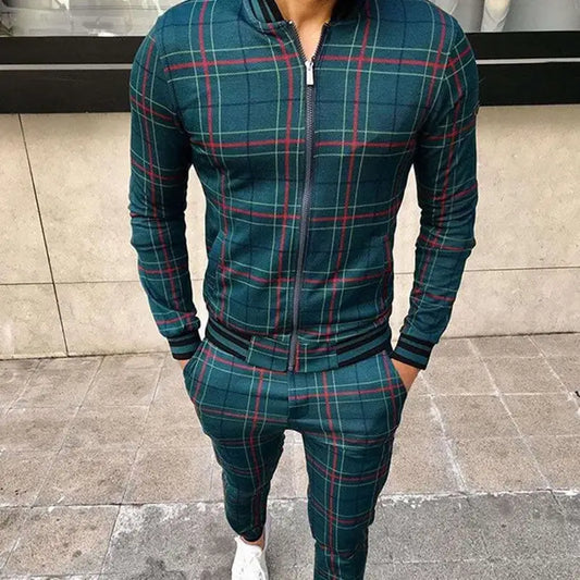 New Men's Leisure Suits Tracksuits Men Grid Two-piece Patchwork Zipper Tracksuits Small leg Trouser Sportswear New Man Sets - Beyond Trends Hub 