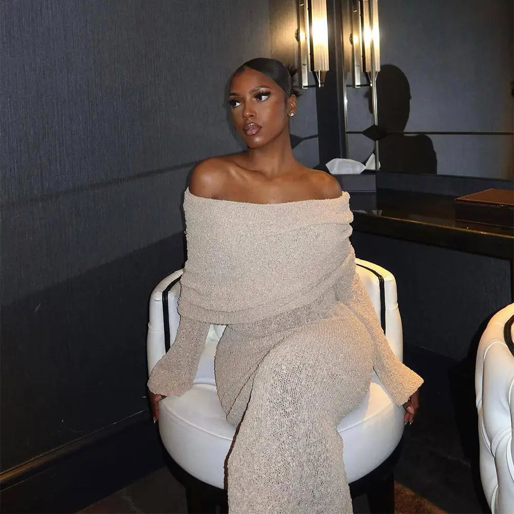 New One-shoulder Knitted Long-sleeved Dress Sexy Beach Holiday Long Dresses Womens Clothing Beyond Trends Hub