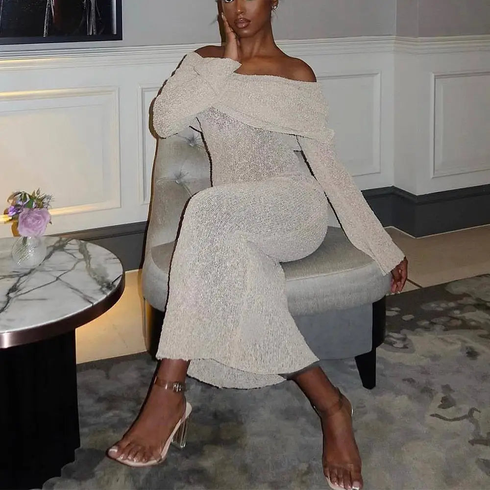 New One-shoulder Knitted Long-sleeved Dress Sexy Beach Holiday Long Dresses Womens Clothing Beyond Trends Hub