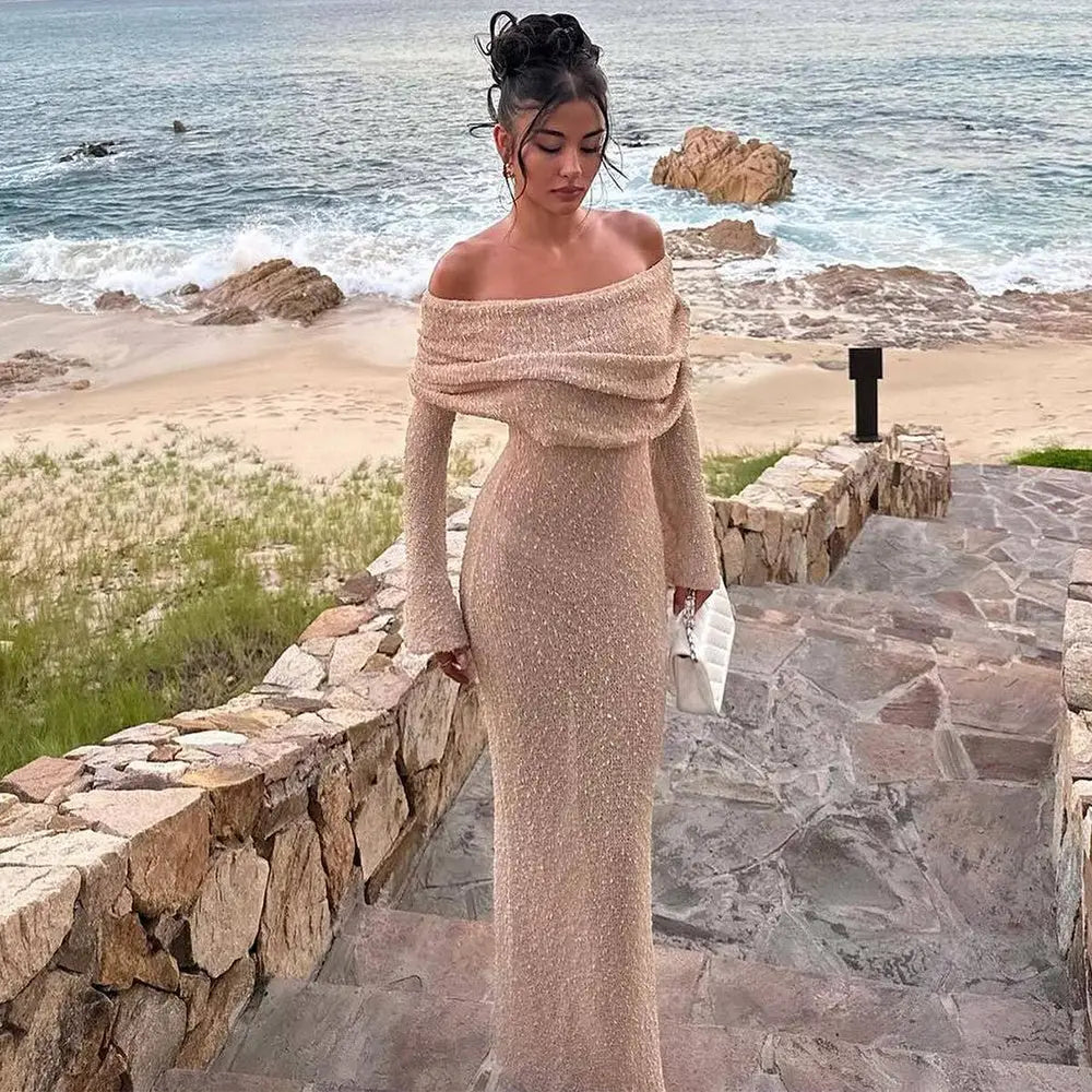 New One-shoulder Knitted Long-sleeved Dress Sexy Beach Holiday Long Dresses Womens Clothing Beyond Trends Hub