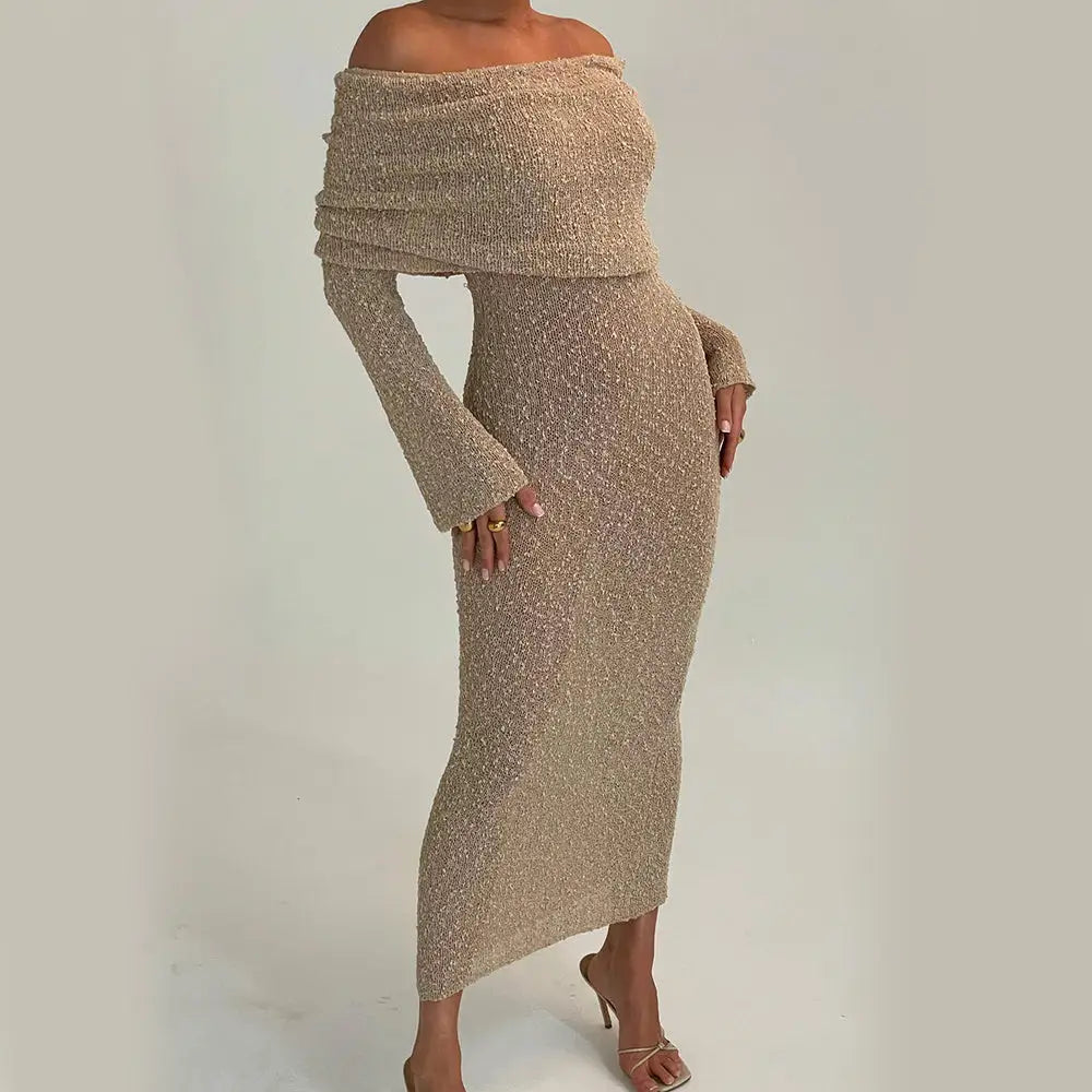 New One-shoulder Knitted Long-sleeved Dress Sexy Beach Holiday Long Dresses Womens Clothing Beyond Trends Hub