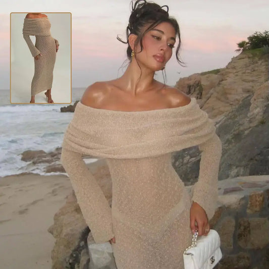 New One-shoulder Knitted Long-sleeved Dress Sexy Beach Holiday Long Dresses Womens Clothing Beyond Trends Hub