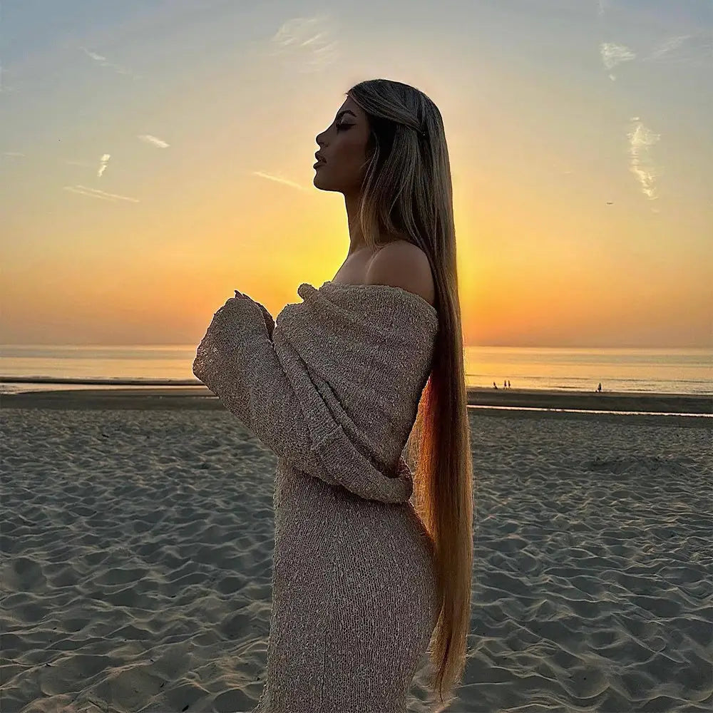 New One-shoulder Knitted Long-sleeved Dress Sexy Beach Holiday Long Dresses Womens Clothing Beyond Trends Hub