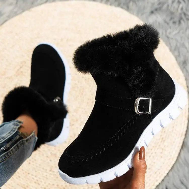 New Snow Boots Winter Warm Thickened Solid Color Plush Ankle Boots With Buckle Design Plus Velvet Flat Shoes For Women Beyond Trends Hub