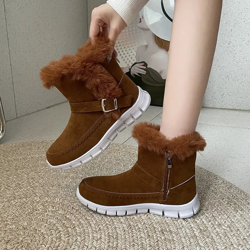 New Snow Boots Winter Warm Thickened Solid Color Plush Ankle Boots With Buckle Design Plus Velvet Flat Shoes For Women Beyond Trends Hub