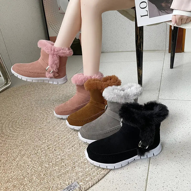 New Snow Boots Winter Warm Thickened Solid Color Plush Ankle Boots With Buckle Design Plus Velvet Flat Shoes For Women Beyond Trends Hub