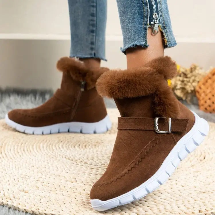 New Snow Boots Winter Warm Thickened Solid Color Plush Ankle Boots With Buckle Design Plus Velvet Flat Shoes For Women Beyond Trends Hub