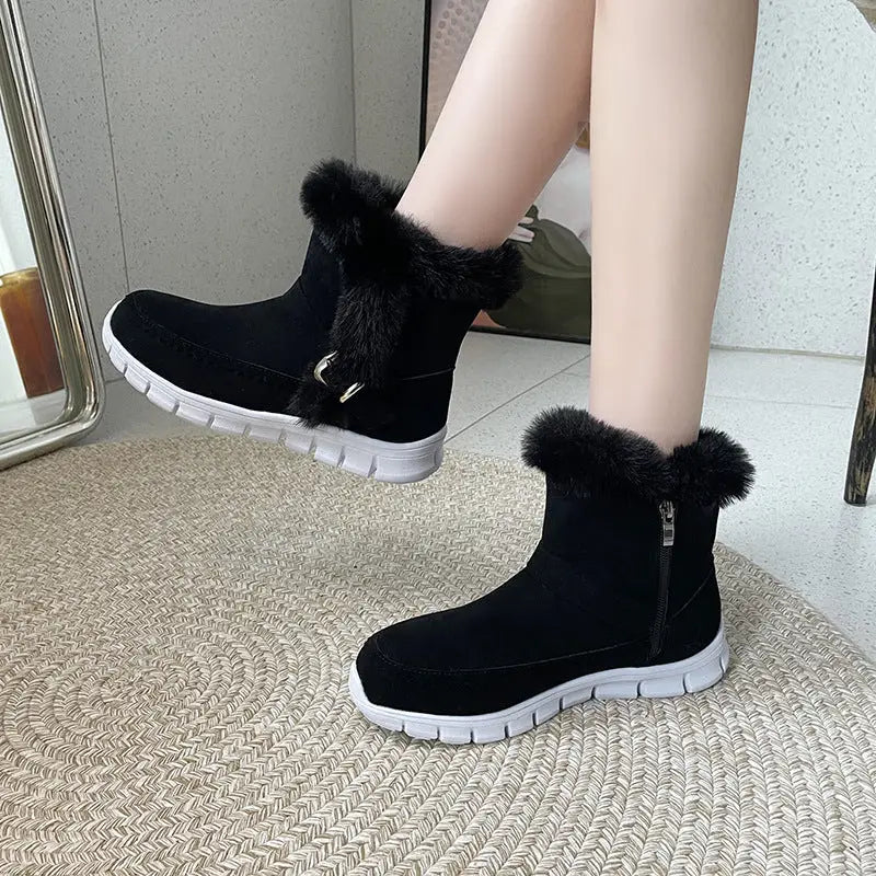 New Snow Boots Winter Warm Thickened Solid Color Plush Ankle Boots With Buckle Design Plus Velvet Flat Shoes For Women Beyond Trends Hub