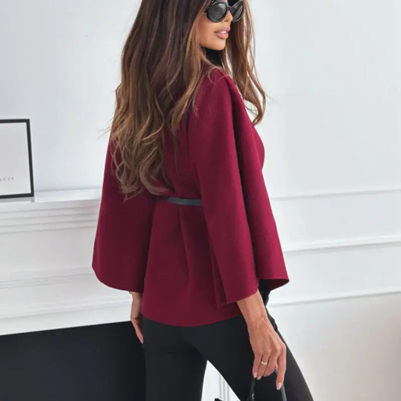 New Stand Collar Batwing Sleeves Cloak Top With Belt Ins Fashion Temperament Jacket Woolen Sweater Outwear For Women