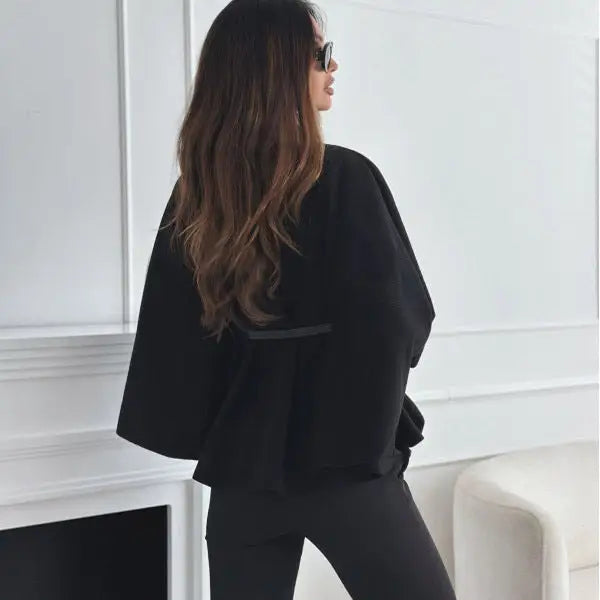 New Stand Collar Batwing Sleeves Cloak Top With Belt Ins Fashion Temperament Jacket Woolen Sweater Outwear For Women