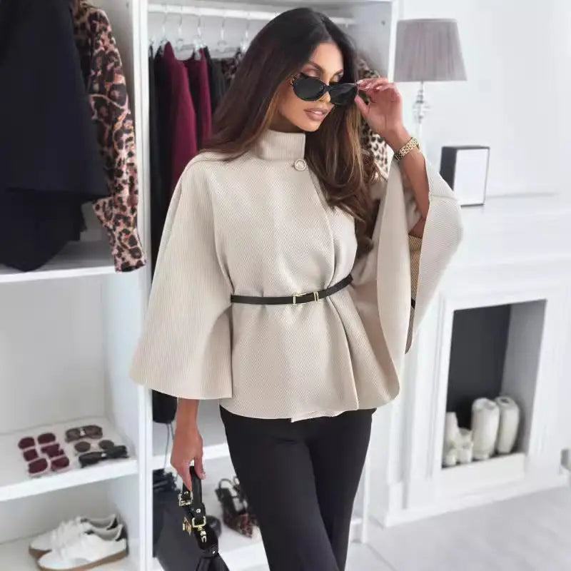 New Stand Collar Batwing Sleeves Cloak Top With Belt Ins Fashion Temperament Jacket Woolen Sweater Outwear For Women