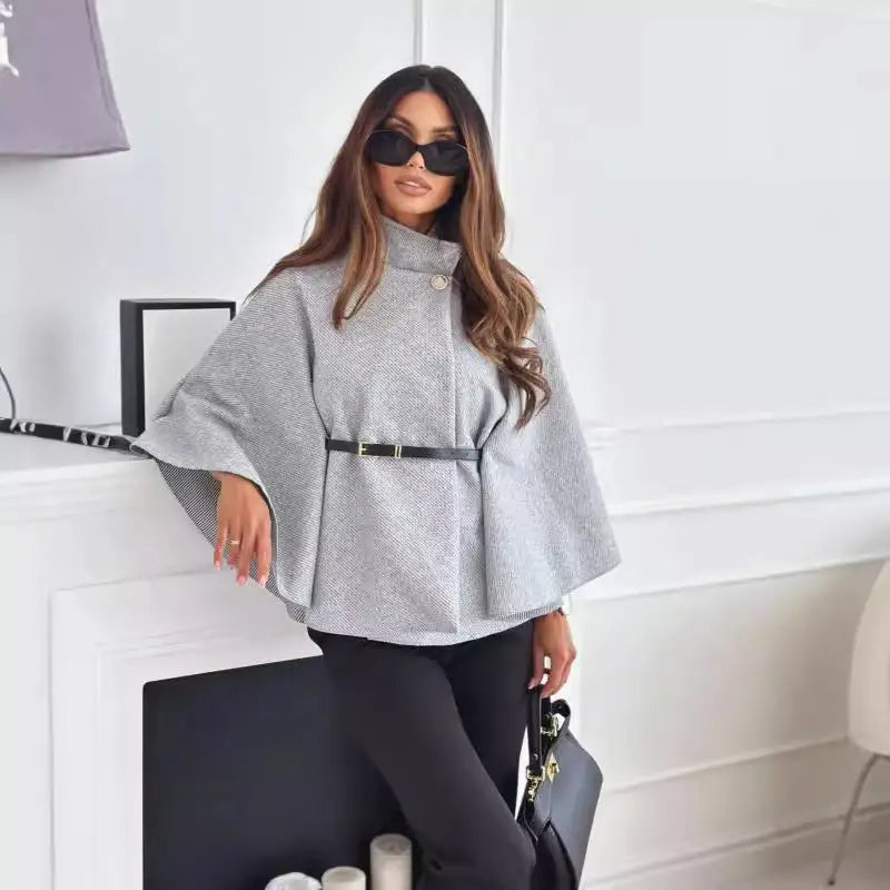New Stand Collar Batwing Sleeves Cloak Top With Belt Ins Fashion Temperament Jacket Woolen Sweater Outwear For Women