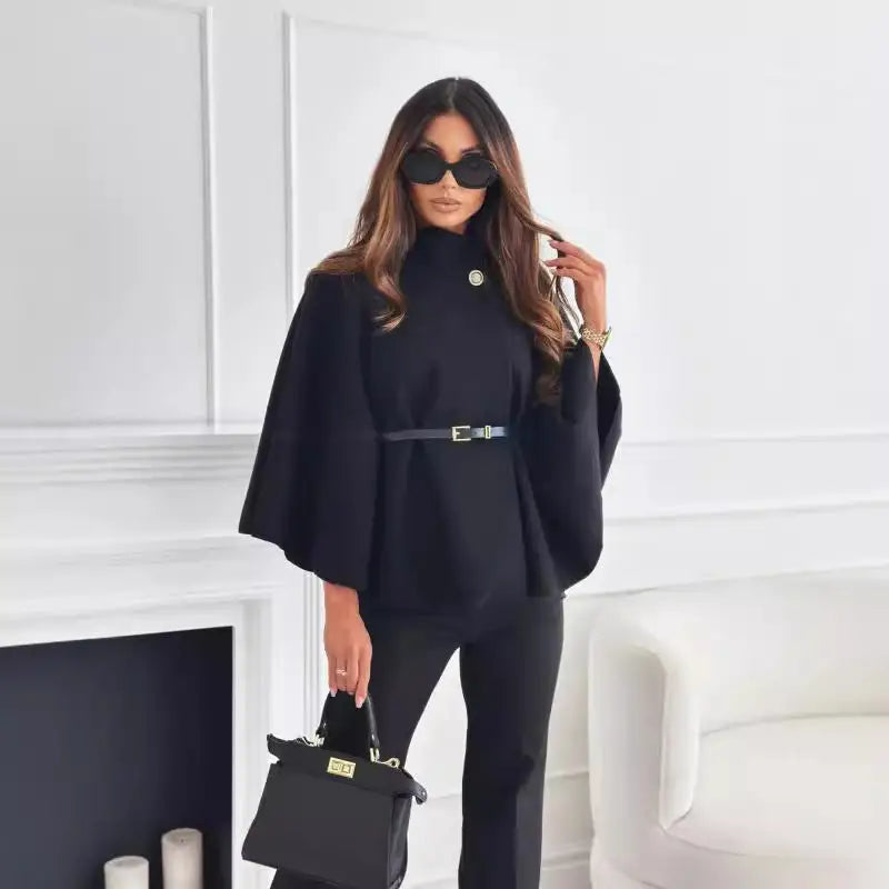 New Stand Collar Batwing Sleeves Cloak Top With Belt Ins Fashion Temperament Jacket Woolen Sweater Outwear For Women