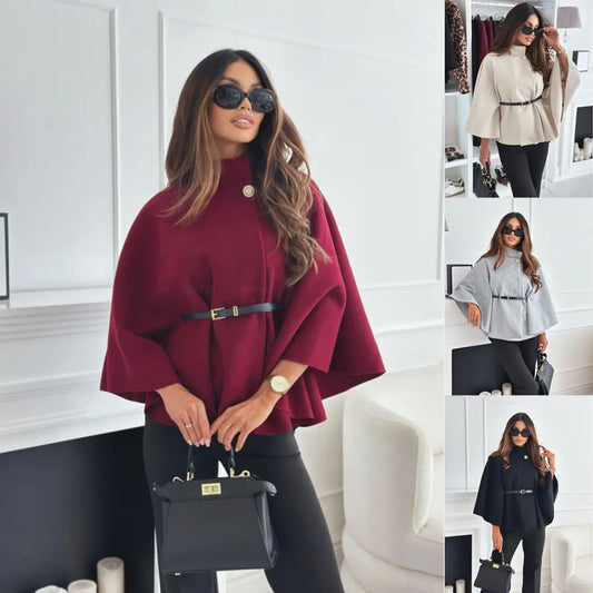 New Stand Collar Batwing Sleeves Cloak Top With Belt Ins Fashion Temperament Jacket Woolen Sweater Outwear For Women