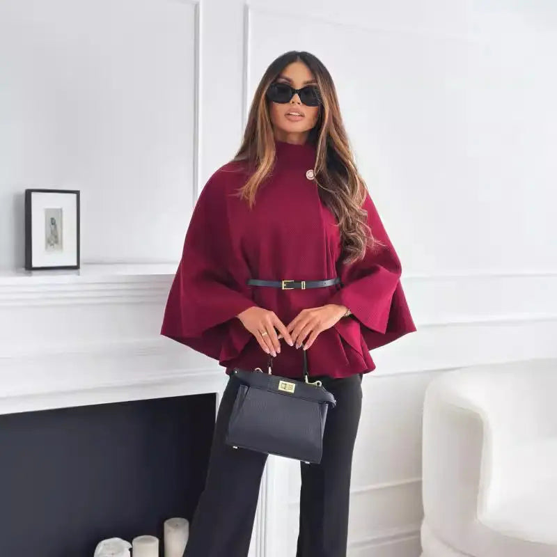 New Stand Collar Batwing Sleeves Cloak Top With Belt Ins Fashion Temperament Jacket Woolen Sweater Outwear For Women
