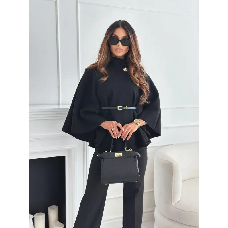 New Stand Collar Batwing Sleeves Cloak Top With Belt Ins Fashion Temperament Jacket Woolen Sweater Outwear For Women
