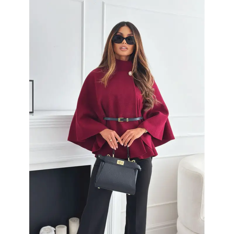 New Stand Collar Batwing Sleeves Cloak Top With Belt Ins Fashion Temperament Jacket Woolen Sweater Outwear For Women