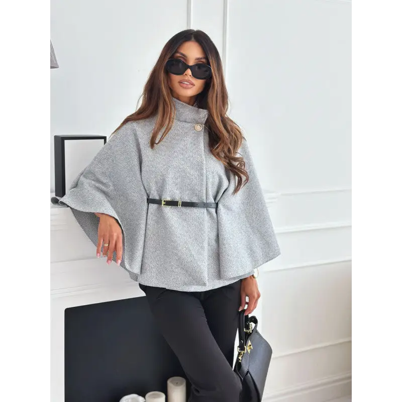New Stand Collar Batwing Sleeves Cloak Top With Belt Ins Fashion Temperament Jacket Woolen Sweater Outwear For Women