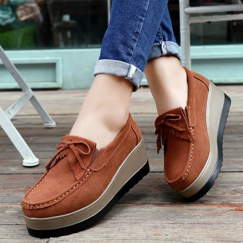 New Tassel Bow Design Shoes For Woman Fashion Thick Bottom Wedges Shoes Casual Slip On Solid Color Flats Beyond Trends Hub