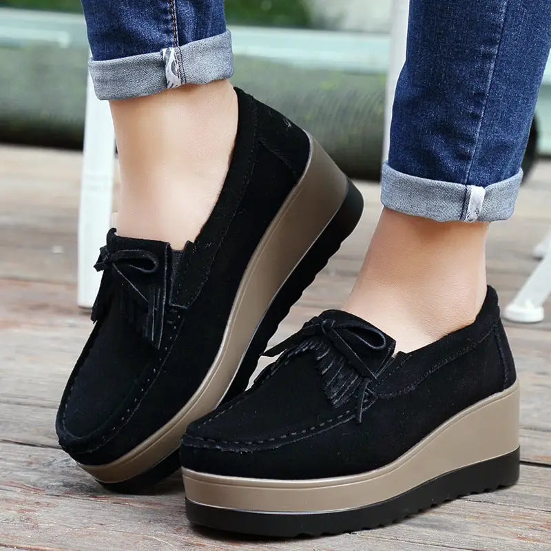 New Tassel Bow Design Shoes For Woman Fashion Thick Bottom Wedges Shoes Casual Slip On Solid Color Flats Beyond Trends Hub