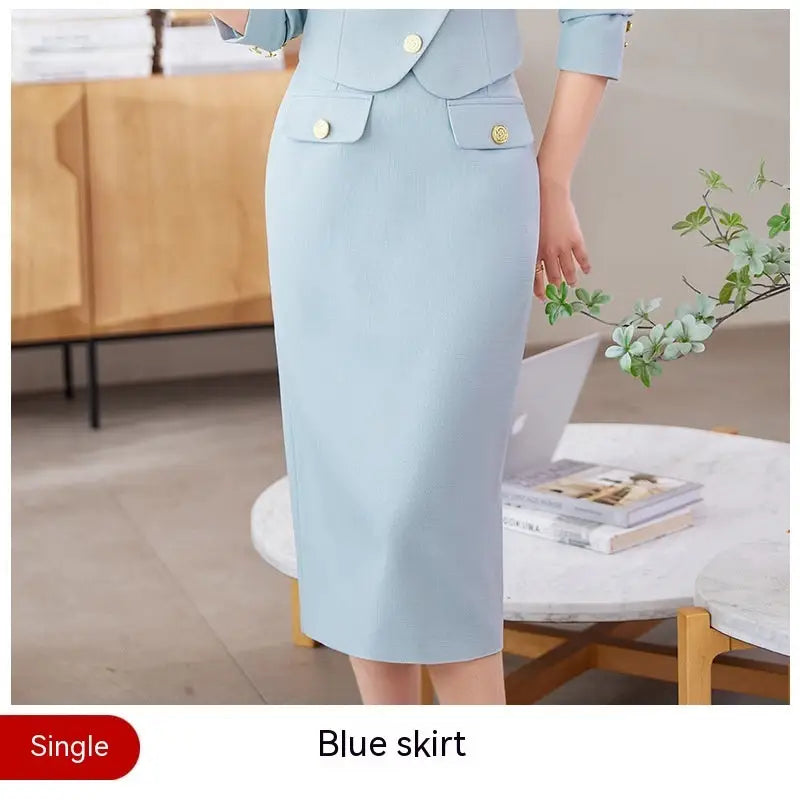 New Temperament Leisure Formal White Blazer For Women - Blue Skirt / S