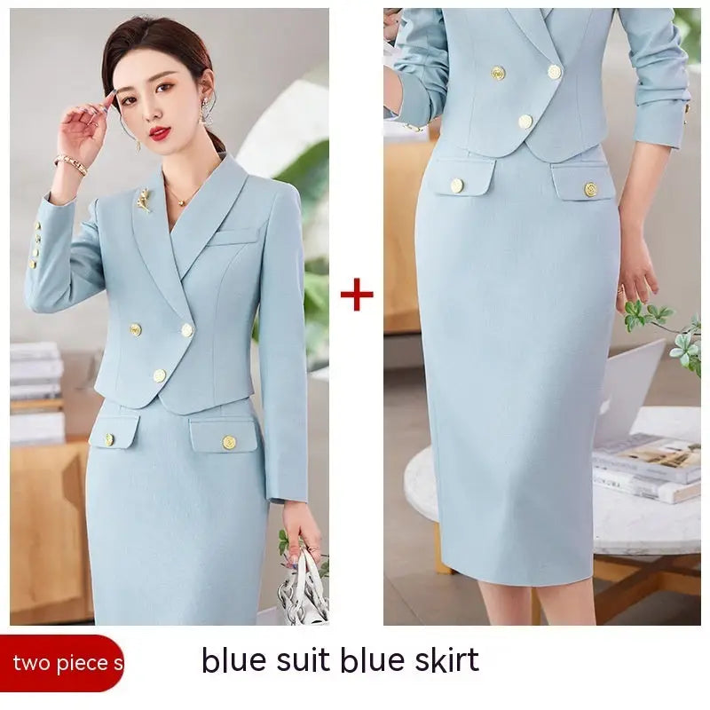New Temperament Leisure Formal White Blazer For Women - Blue Suit Skirt / S