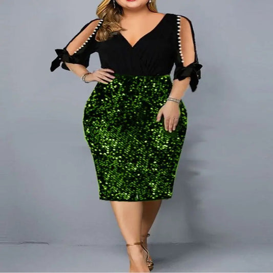 New V-neck Personality Sequins Plus Size Women’s Dress