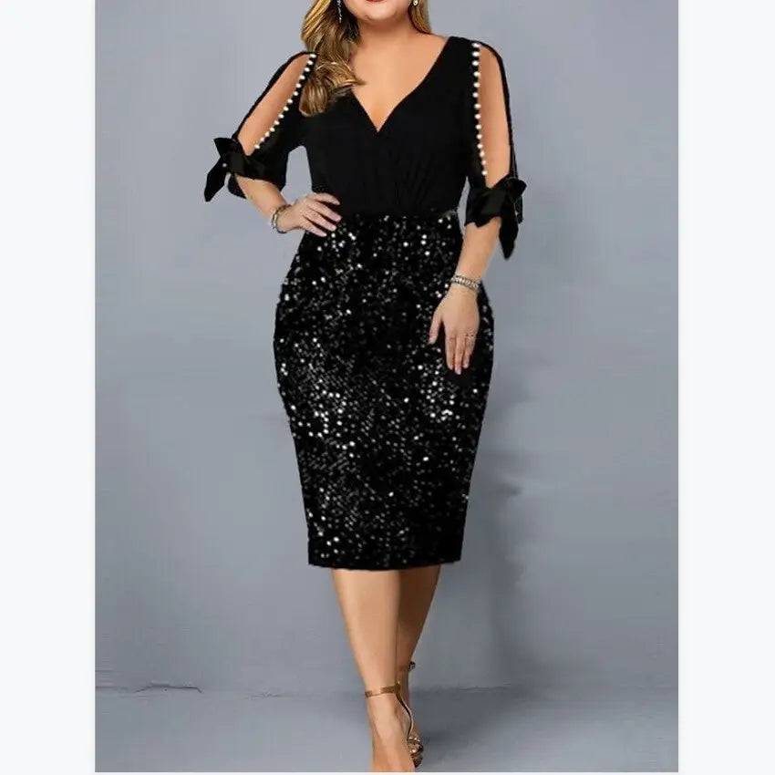 New V-neck Personality Sequins Plus Size Women’s Dress - Black / S