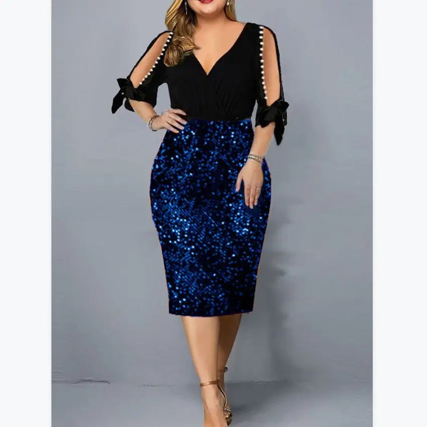New V-neck Personality Sequins Plus Size Women’s Dress - Blue / S