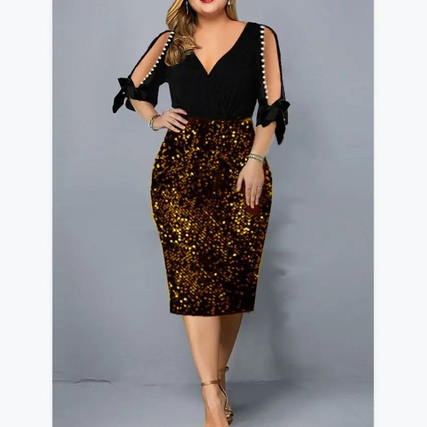 New V-neck Personality Sequins Plus Size Women’s Dress - Gold / S