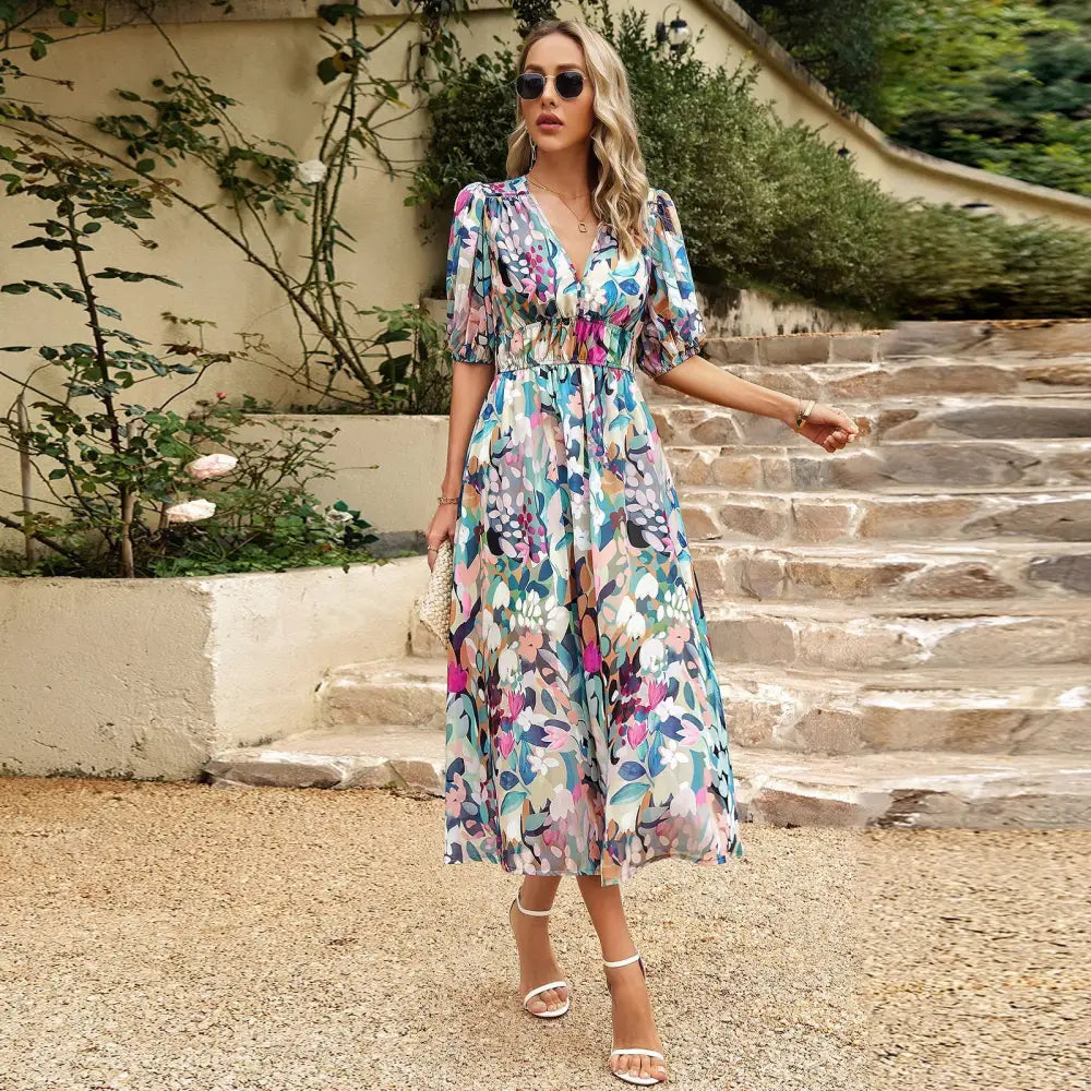 New V-neck Printed Short-sleeved Long Dress Summer Fashion Slim Seaside Vacation Beach Dresses For Women Clothing - Beyond Trends Hub 