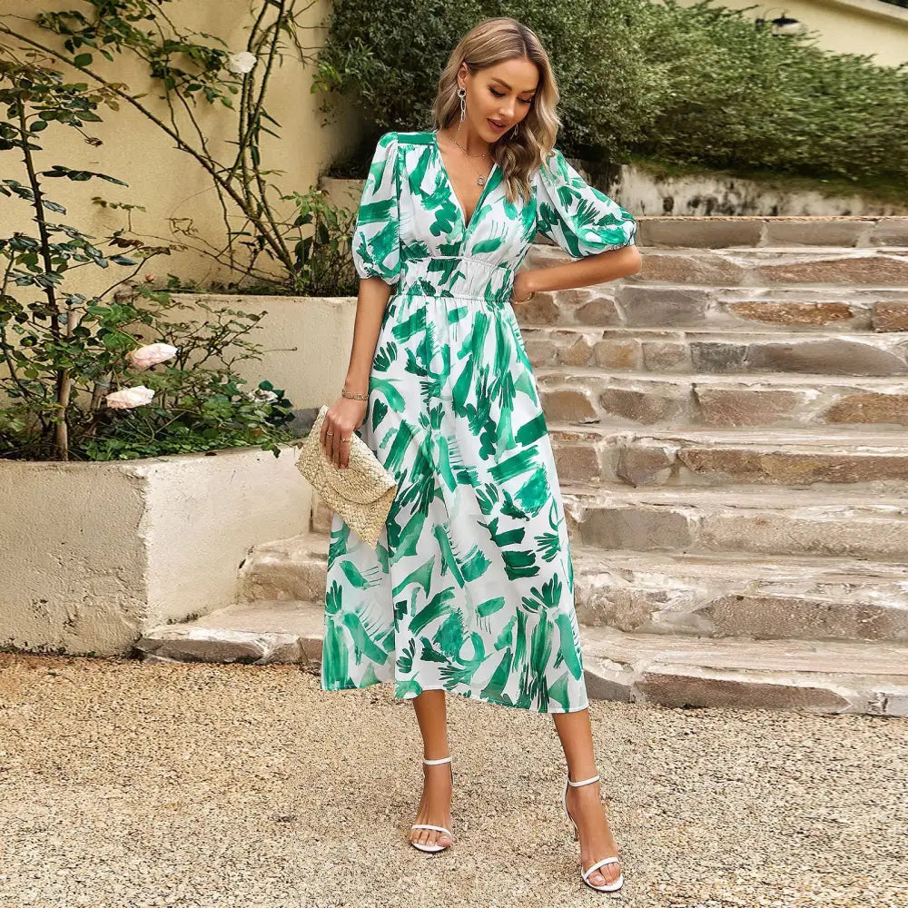 New V-neck Printed Short-sleeved Long Dress Summer Fashion Slim Seaside Vacation Beach Dresses For Women Clothing - Beyond Trends Hub 