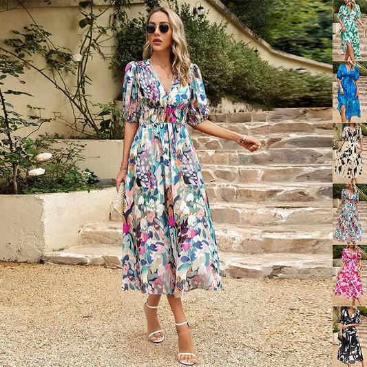 New V-neck Printed Short-sleeved Long Dress Summer Fashion Slim Seaside Vacation Beach Dresses For Women Clothing - Beyond Trends Hub 