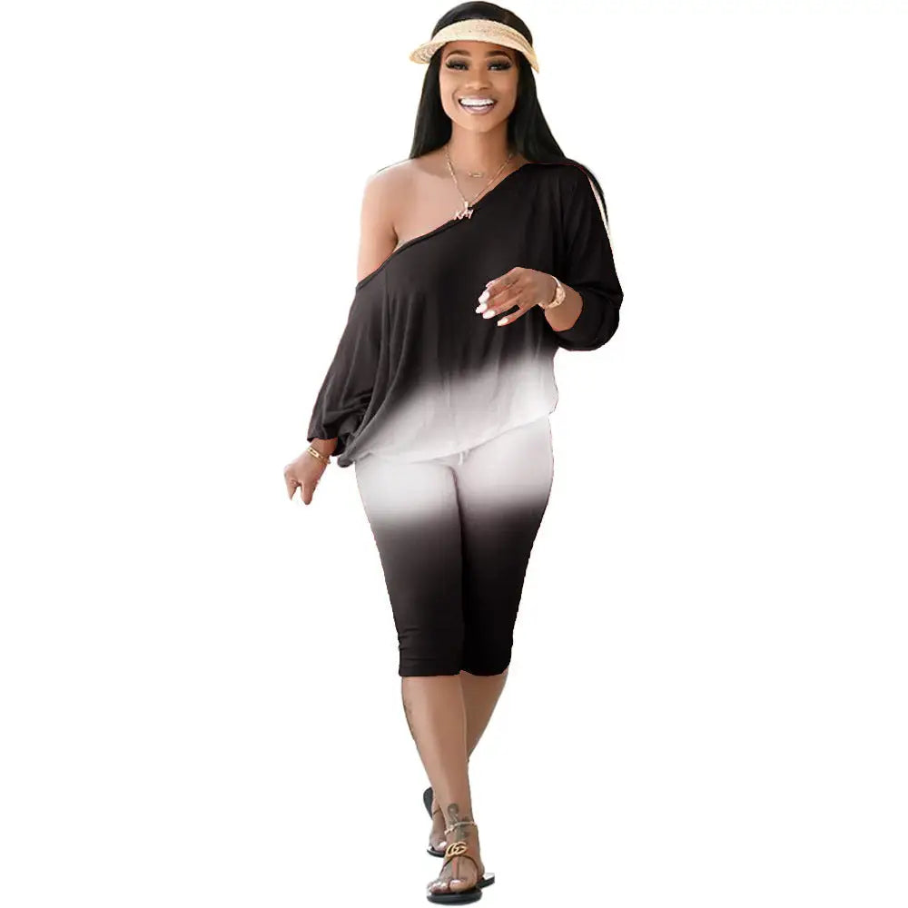 Oblique Shoulder Plus Size Women’s Two-Piece Suit - Black / S