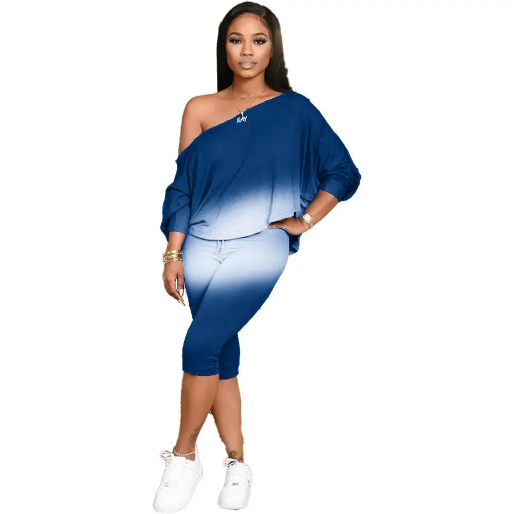 Oblique Shoulder Plus Size Women’s Two-Piece Suit - Blue / S