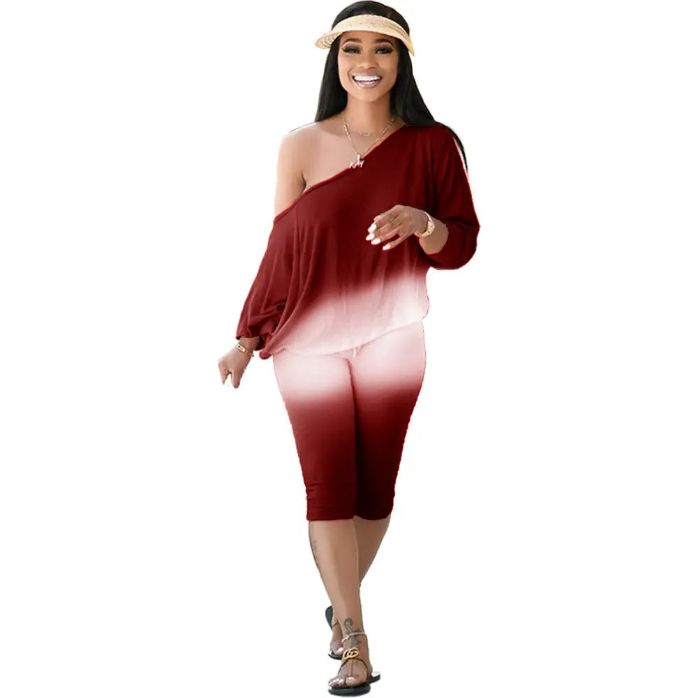Oblique Shoulder Plus Size Women’s Two-Piece Suit - Wine Red / S