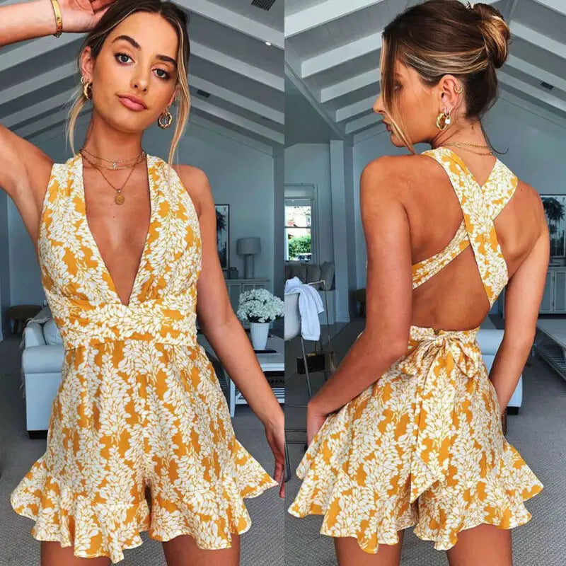 Open Back Dresses Women Short Jumpsuit Ladies Deep v Clothes - Beyond Trends Hub 