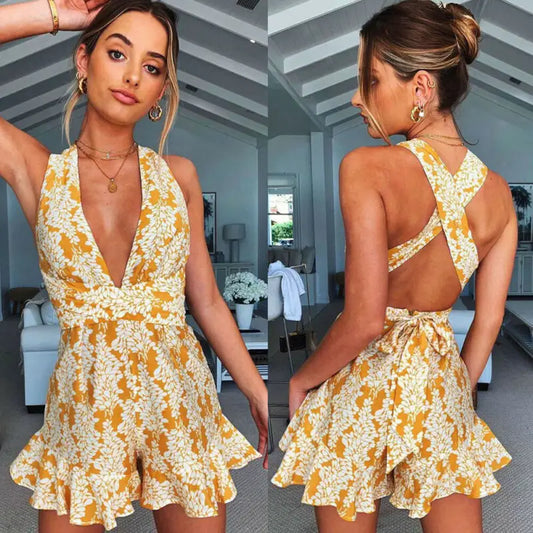 Open Back Dresses Women Short Jumpsuit Ladies Deep v Clothes - Beyond Trends Hub 