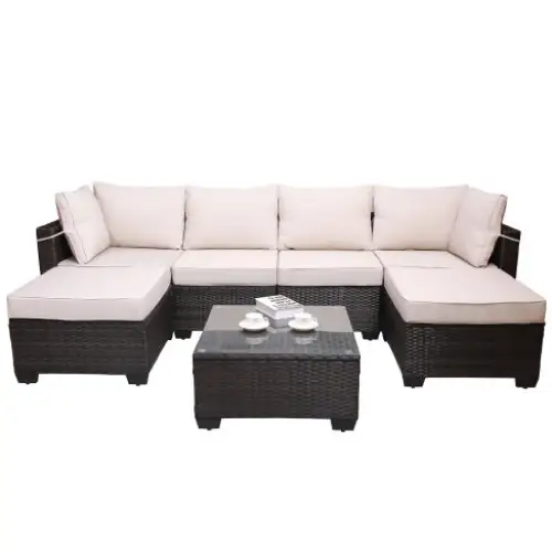 Outdoor Garden Patio Furniture 7Piece PE Rattan Wicker Cushioned Sofa Sets And Coffee Table Patio Furniture Setoutdoor